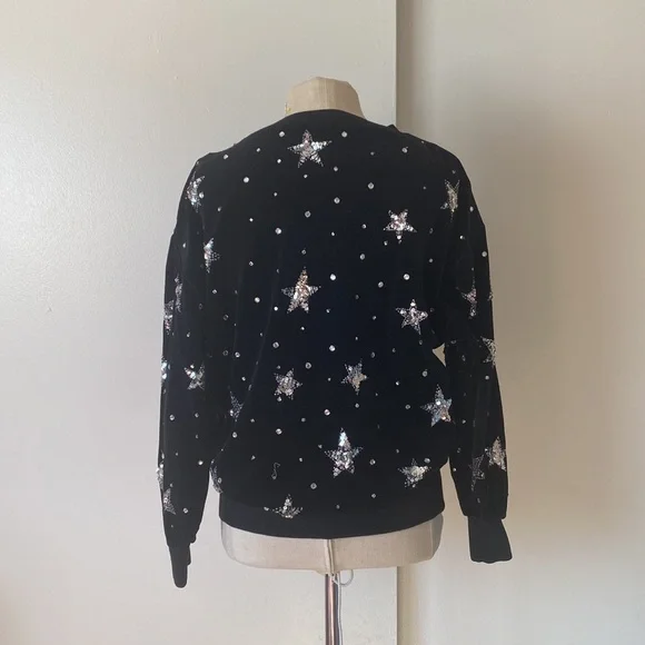 80s Vintage Bonnie Boerer Black Silver Sequin Star-Patterned Velour Sweatshirt S - Picture 6 of 9